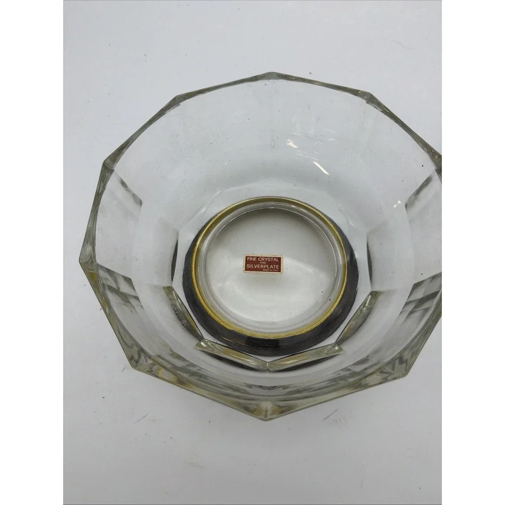 Italy Crystal Paneled Bowl With Silver Plate Base MCM Vintage Heavy